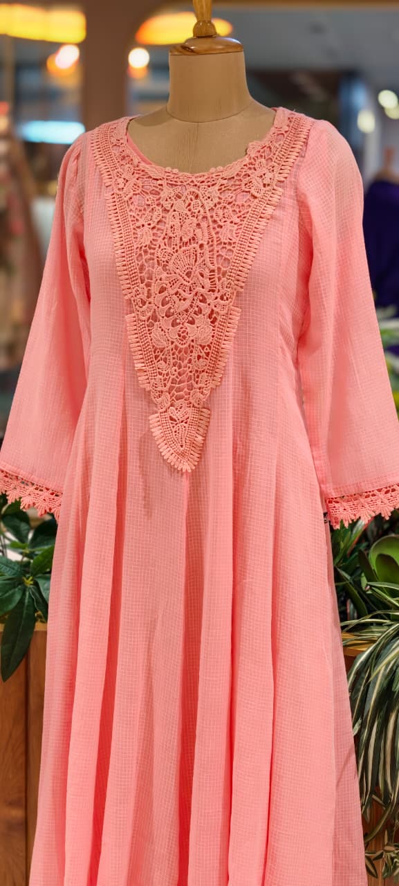 Graceful Checks Cotton Flared Gown with Lace Neck Detailing Soft Pastel Summer Collection 13984 RB04