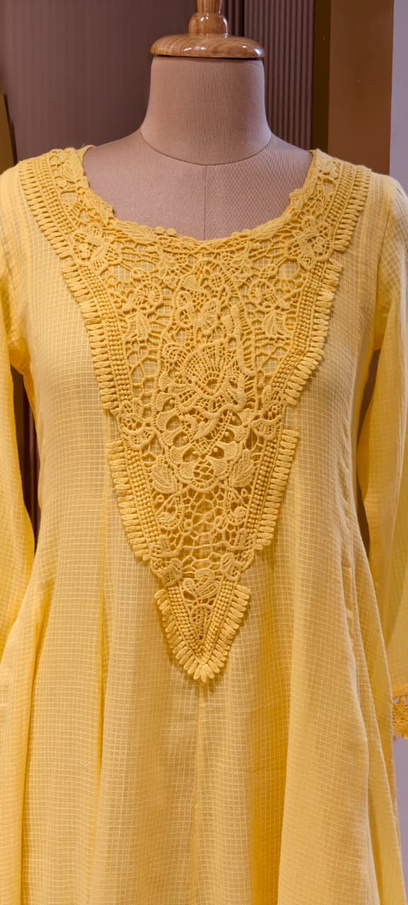 Graceful Checks Cotton Flared Gown with Lace Neck Detailing Soft Pastel Summer Collection 13984 RB04