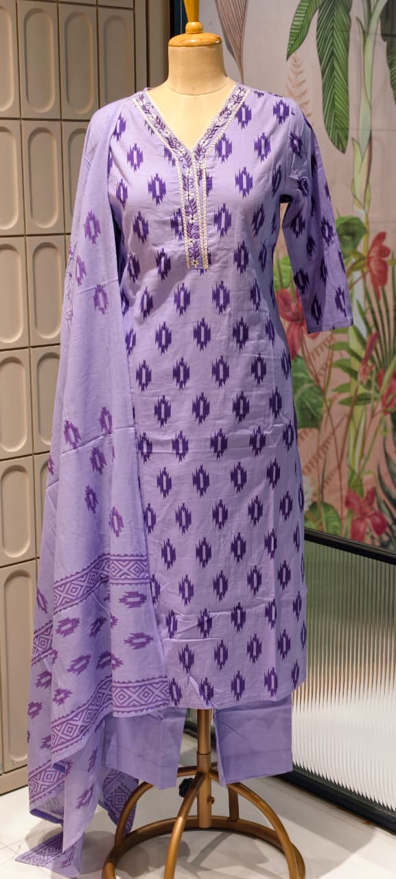 Soft Breathable Ethnic Suit with Ikat Inspired Motifs for Summer Special Cotton Full Suit Set 13965-RB15