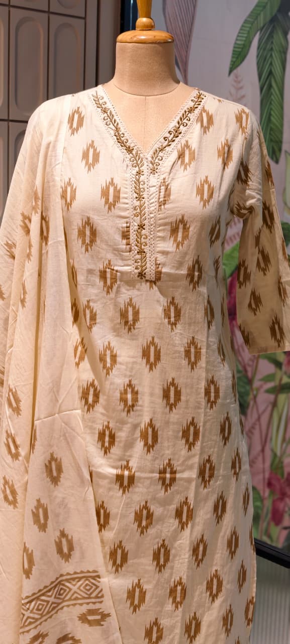 Soft Breathable Ethnic Suit with Ikat Inspired Motifs for Summer Special Cotton Full Suit Set 13965-RB15