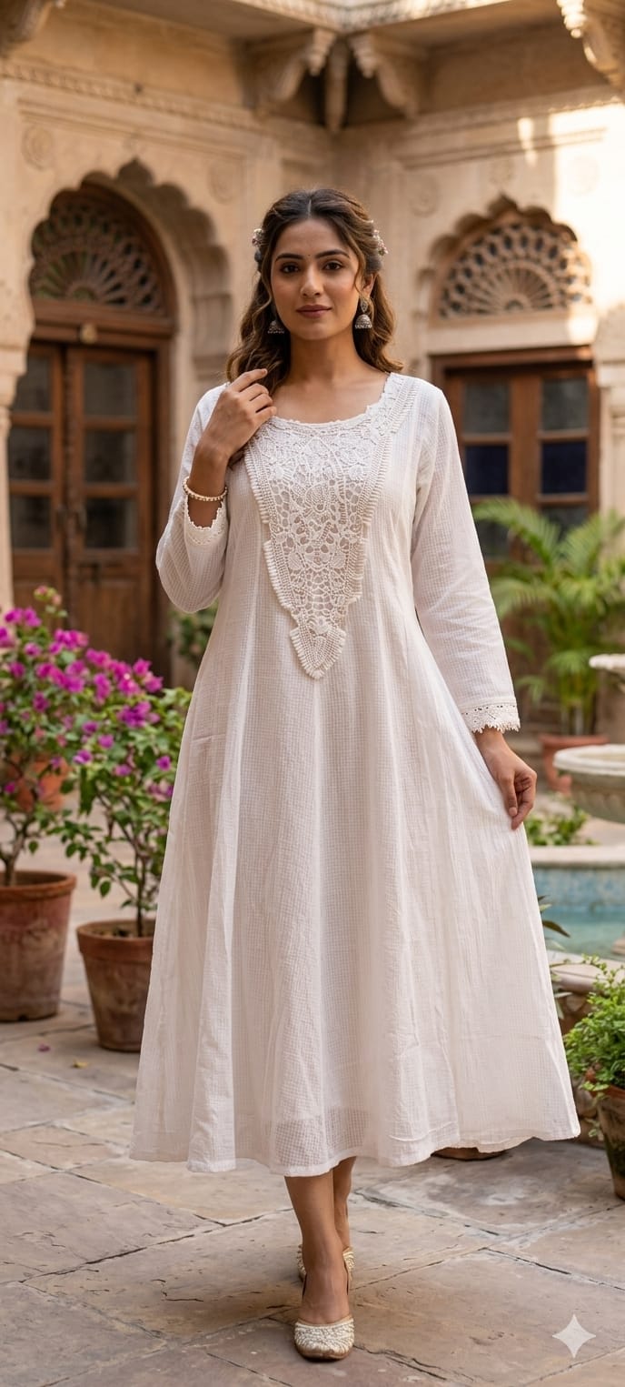 Graceful Checks Cotton Flared Gown with Lace Neck Detailing Soft Pastel Summer Collection 13984 RB04