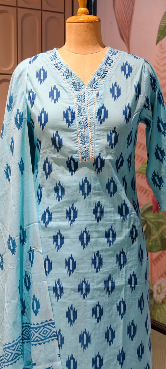 Soft Breathable Ethnic Suit with Ikat Inspired Motifs for Summer Special Cotton Full Suit Set 13965-RB15