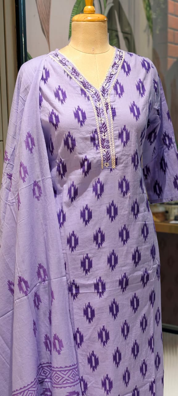 Soft Breathable Ethnic Suit with Ikat Inspired Motifs for Summer Special Cotton Full Suit Set 13965-RB15