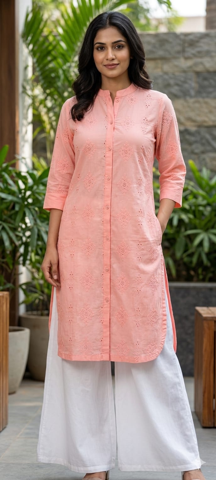 Elegant Hacoba Cotton Straight Only Kurti with Front Button Detailing Summer Pastel Collection 13985 RB02