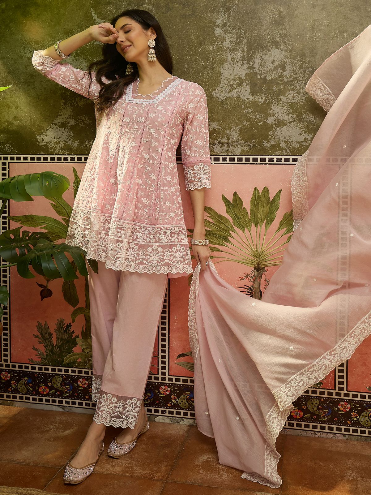 Soft Pastel Embroidered Ensemble Elegant Chikankari Style Peplum Short Kurta Full Set -14023 RB30