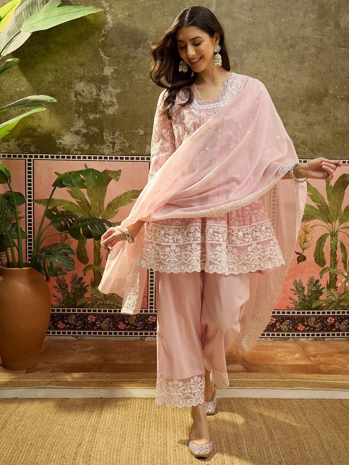 Soft Pastel Embroidered Ensemble Elegant Chikankari Style Peplum Short Kurta Full Suit Set -14023 RB30