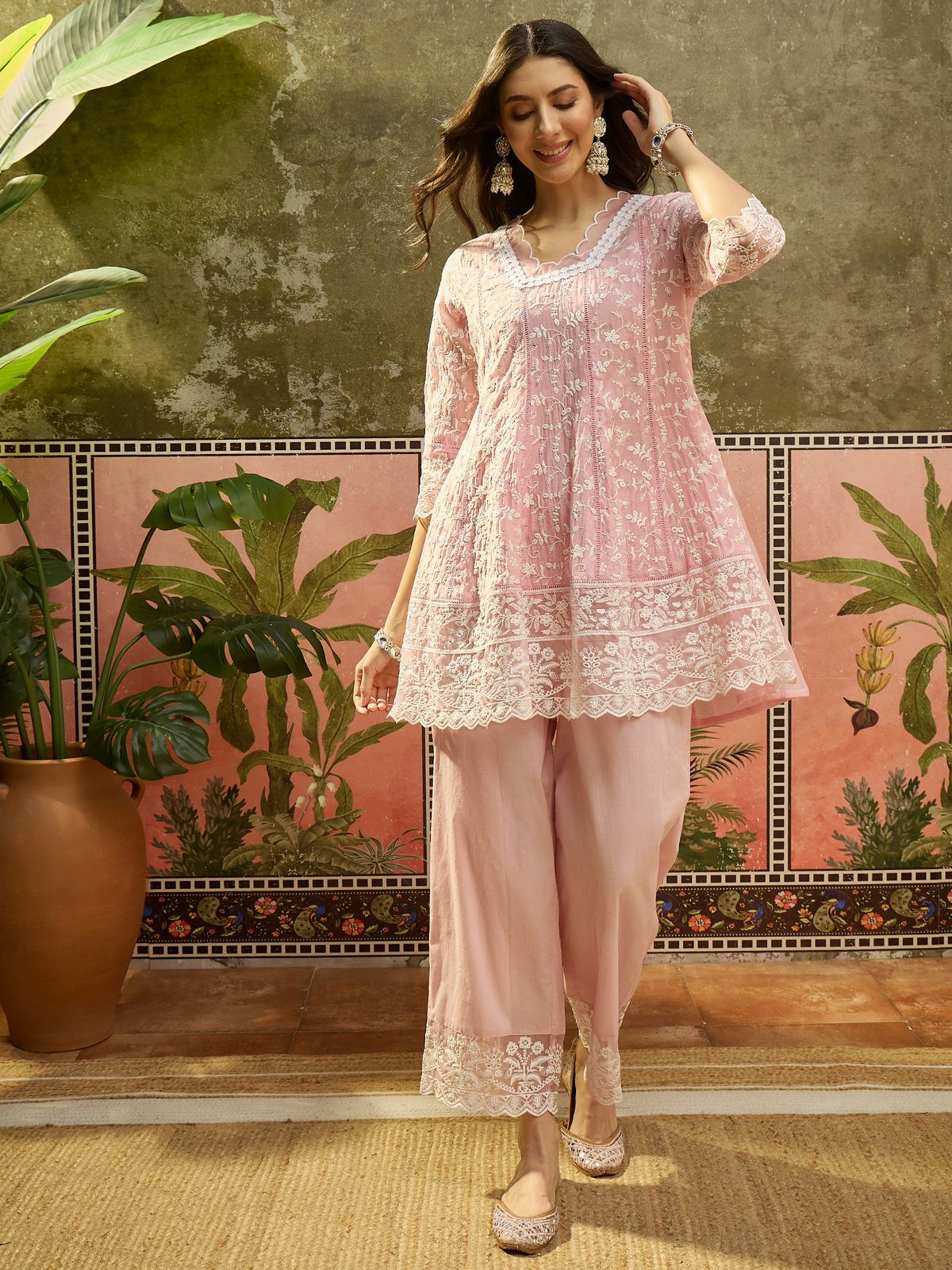 Soft Pastel Embroidered Ensemble Elegant Chikankari Style Peplum Short Kurta Full Suit Set -14023 RB30