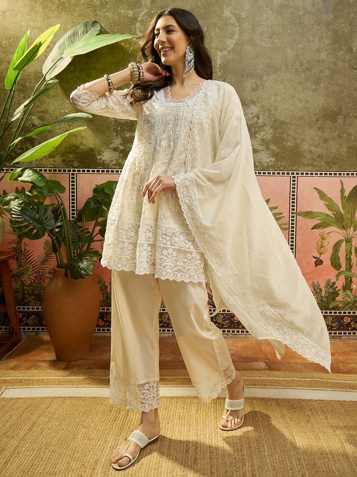 Soft Pastel Embroidered Ensemble Elegant Chikankari Style Peplum Short Kurta Full Suit Set -14023 RB30