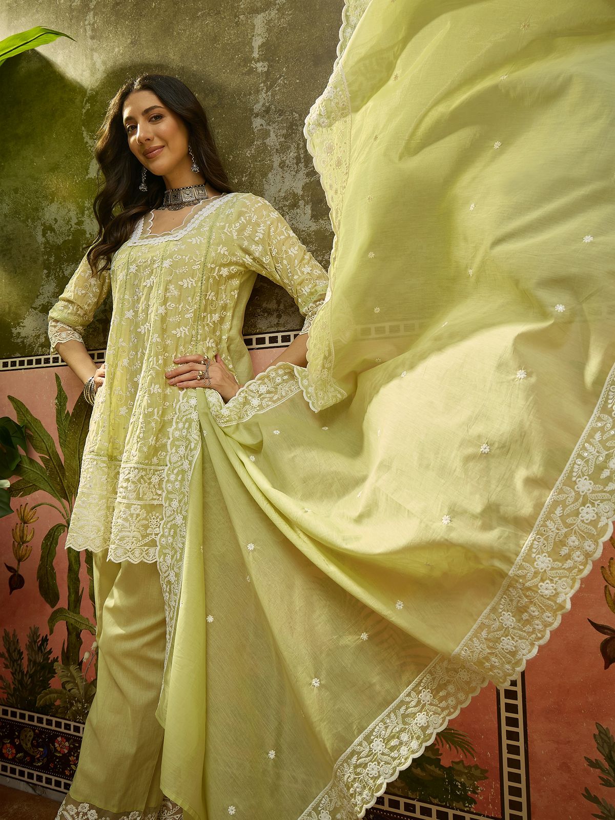 Soft Pastel Embroidered Ensemble Elegant Chikankari Style Peplum Short Kurta Full Suit Set -14023 RB30