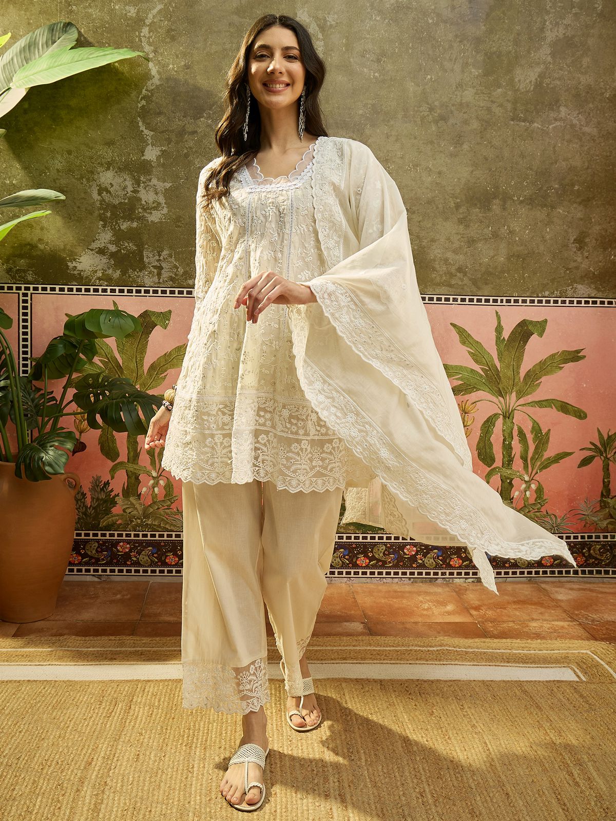 Soft Pastel Embroidered Ensemble Elegant Chikankari Style Peplum Short Kurta Full Suit Set -14023 RB30
