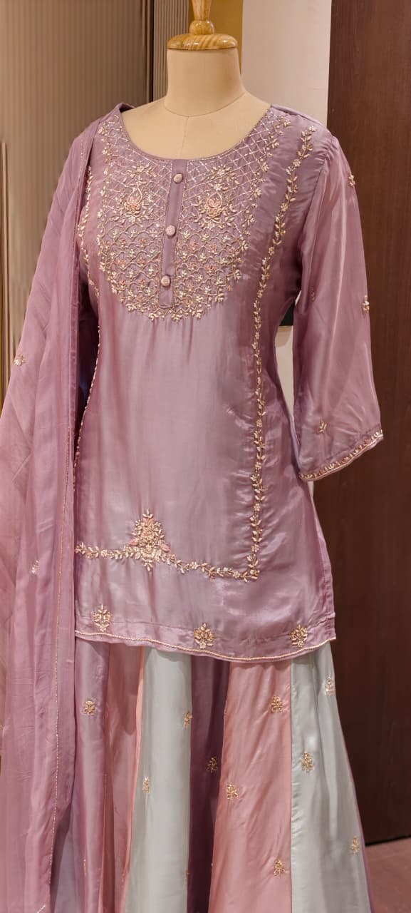 Pastel Embroidered Partywear  Kurta Set with Dual-Tone Skirt & Dupatta -13740 RB28