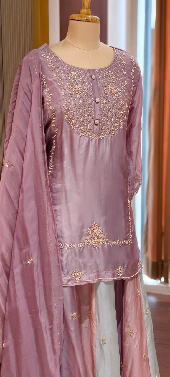 Pastel Embroidered Partywear  Kurta Set with Dual-Tone Skirt & Dupatta -13740 RB28