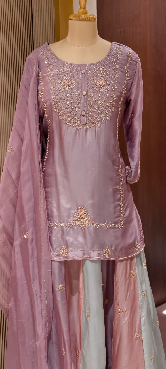 Pastel Embroidered Partywear  Kurta Set with Dual-Tone Skirt & Dupatta -13740 RB28