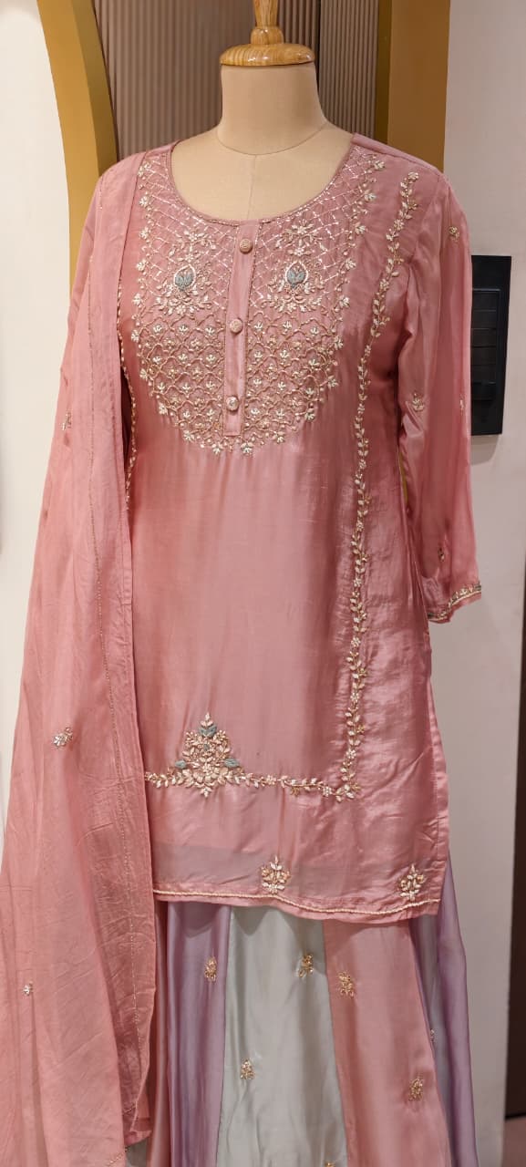 Pastel Embroidered Partywear  Kurta Set with Dual-Tone Skirt & Dupatta -13740 RB28