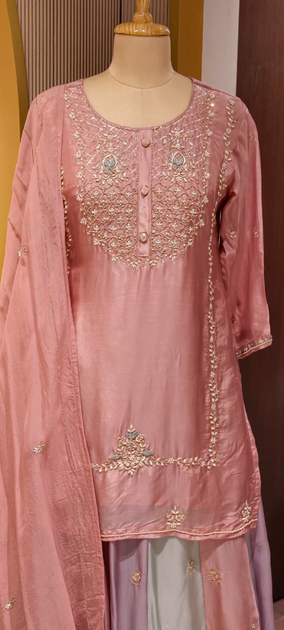 Pastel Embroidered Partywear  Kurta Set with Dual-Tone Skirt & Dupatta -13740 RB28