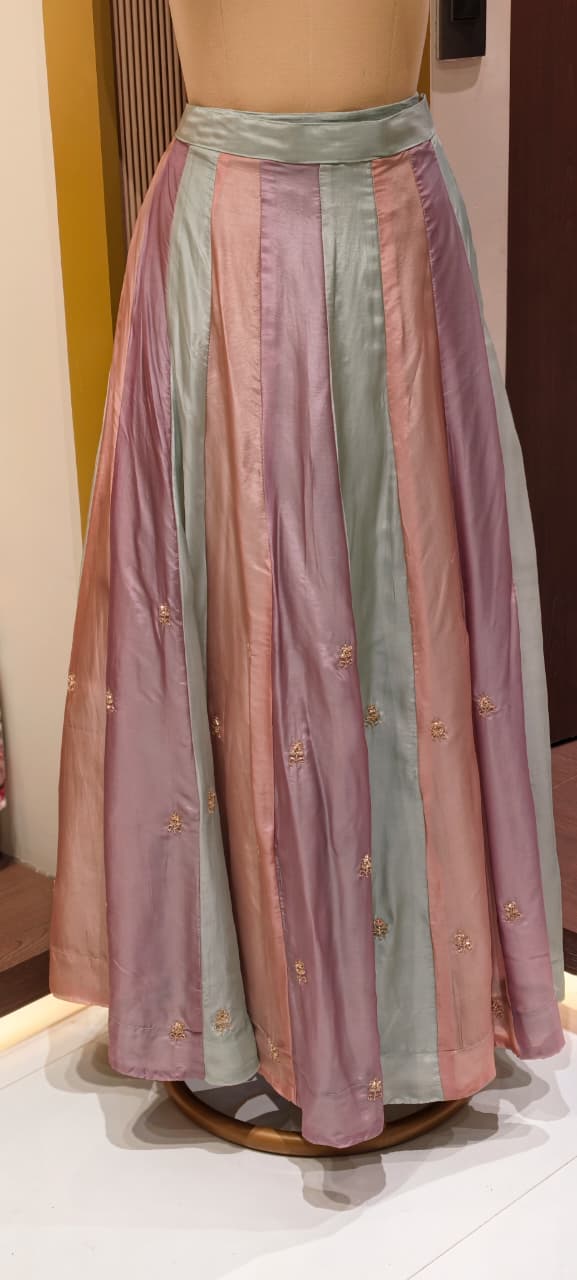 Pastel Embroidered Partywear  Kurta Set with Dual-Tone Skirt & Dupatta -13740 RB28