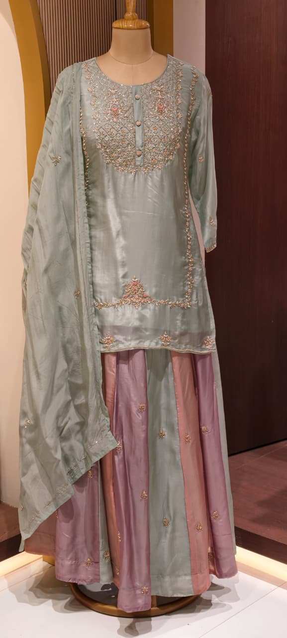 Pastel Embroidered Partywear  Kurta Set with Dual-Tone Skirt & Dupatta -13740 RB28