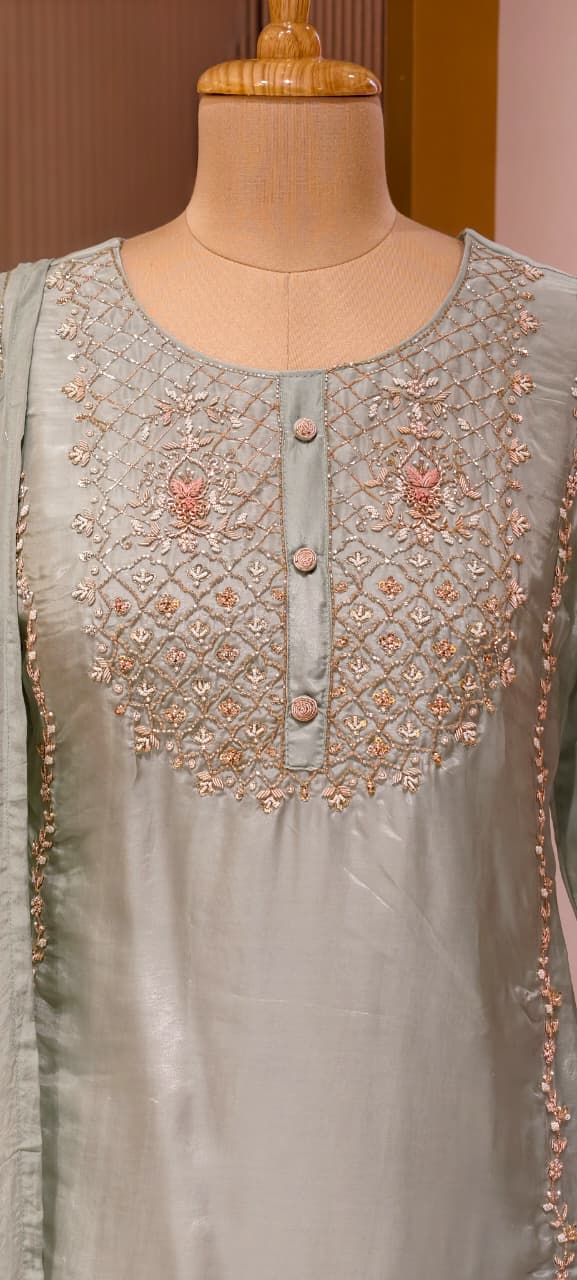 Pastel Embroidered Partywear  Kurta Set with Dual-Tone Skirt & Dupatta -13740 RB28