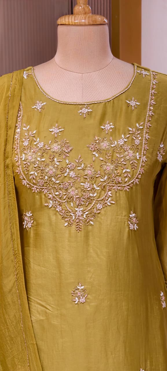 Embroidered Party Wear Kurta Set with Dual-Tone Pannel Skirt  & Dupatta 13741 RB29