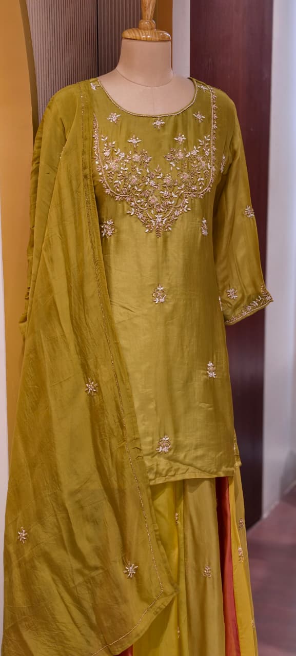 Embroidered Party Wear Kurta Set with Dual-Tone Pannel Skirt  & Dupatta 13741 RB29