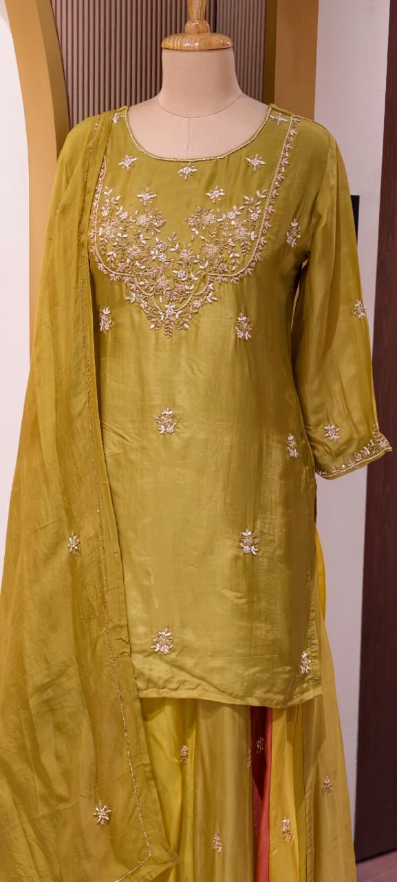 Embroidered Party Wear Kurta Set with Dual-Tone Pannel Skirt  & Dupatta 13741 RB29