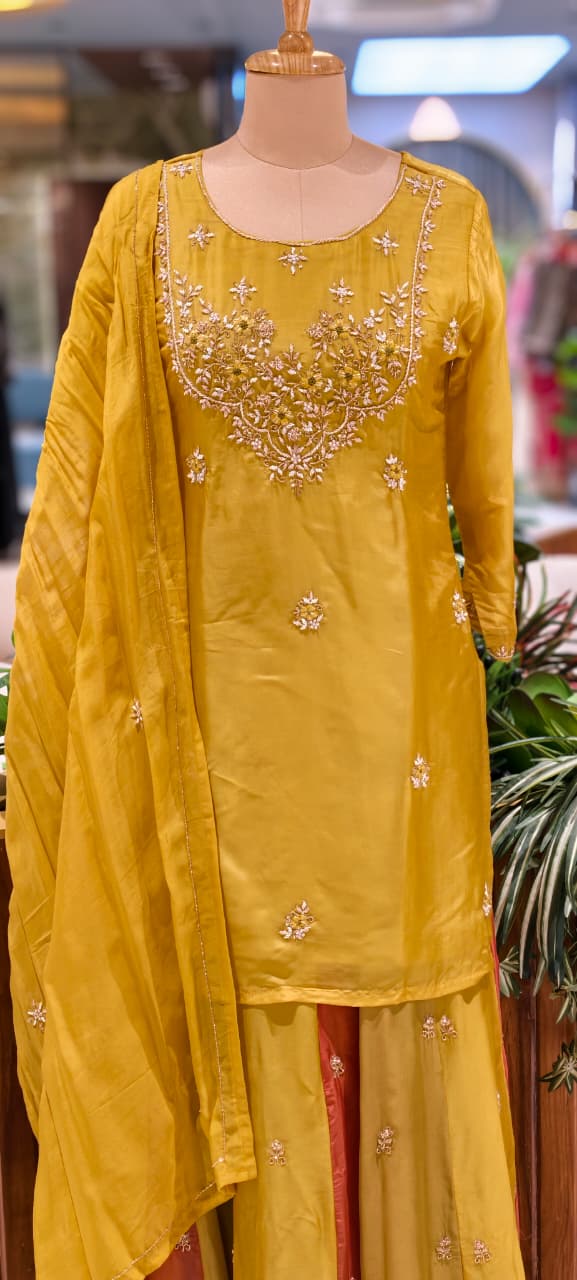 Embroidered Party Wear Kurta Set with Dual-Tone Pannel Skirt  & Dupatta 13741 RB29