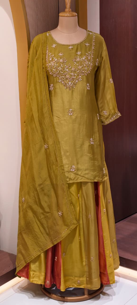 Embroidered Party Wear Kurta Set with Dual-Tone Pannel Skirt  & Dupatta 13741 RB29