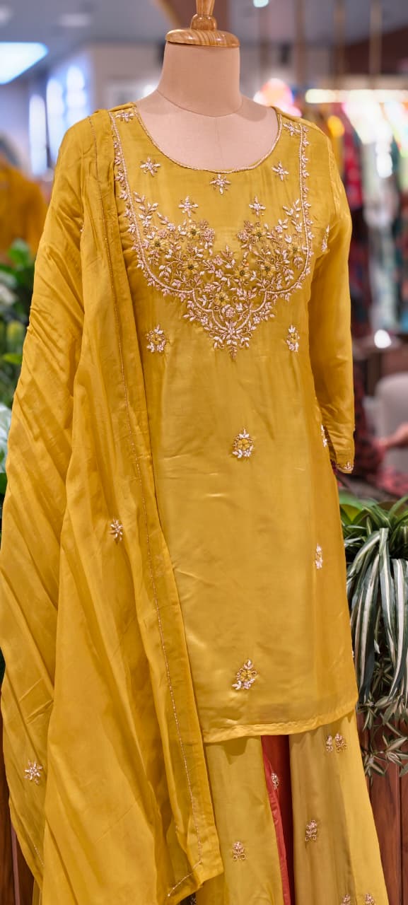 Embroidered Party Wear Kurta Set with Dual-Tone Pannel Skirt  & Dupatta 13741 RB29