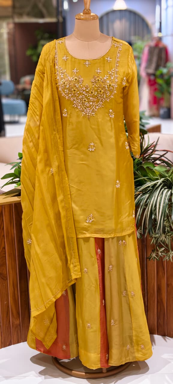 Embroidered Party Wear Kurta Set with Dual-Tone Pannel Skirt  & Dupatta 13741 RB29