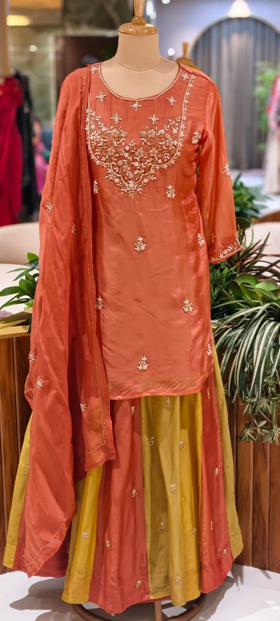 Embroidered Party Wear Kurta Set with Dual-Tone Pannel Skirt  & Dupatta 13741 RB29