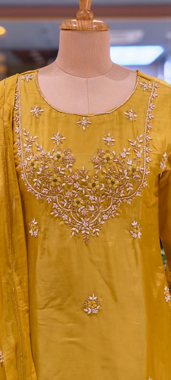 Embroidered Party Wear Kurta Set with Dual-Tone Pannel Skirt  & Dupatta 13741 RB29