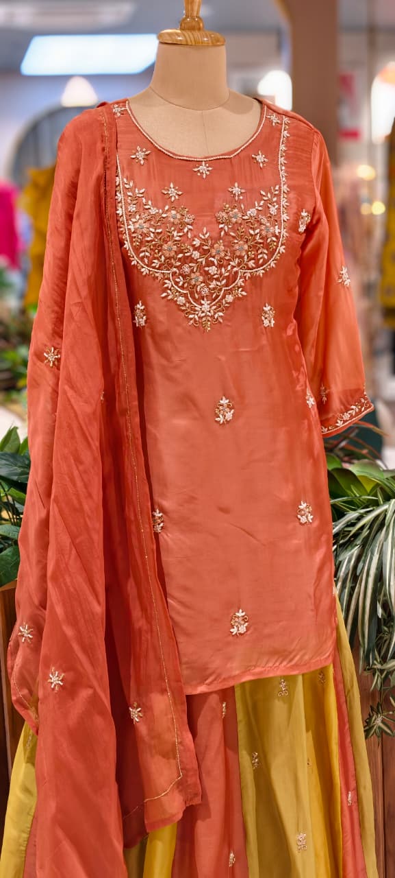 Embroidered Party Wear Kurta Set with Dual-Tone Pannel Skirt  & Dupatta 13741 RB29