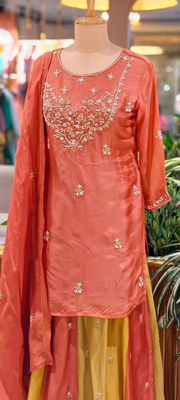 Embroidered Party Wear Kurta Set with Dual-Tone Pannel Skirt  & Dupatta 13741 RB29