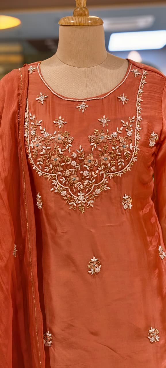 Embroidered Party Wear Kurta Set with Dual-Tone Pannel Skirt  & Dupatta 13741 RB29