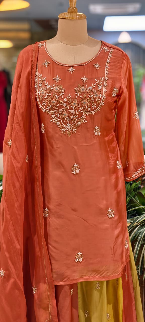 Embroidered Party Wear Kurta Set with Dual-Tone Pannel Skirt  & Dupatta 13741 RB29