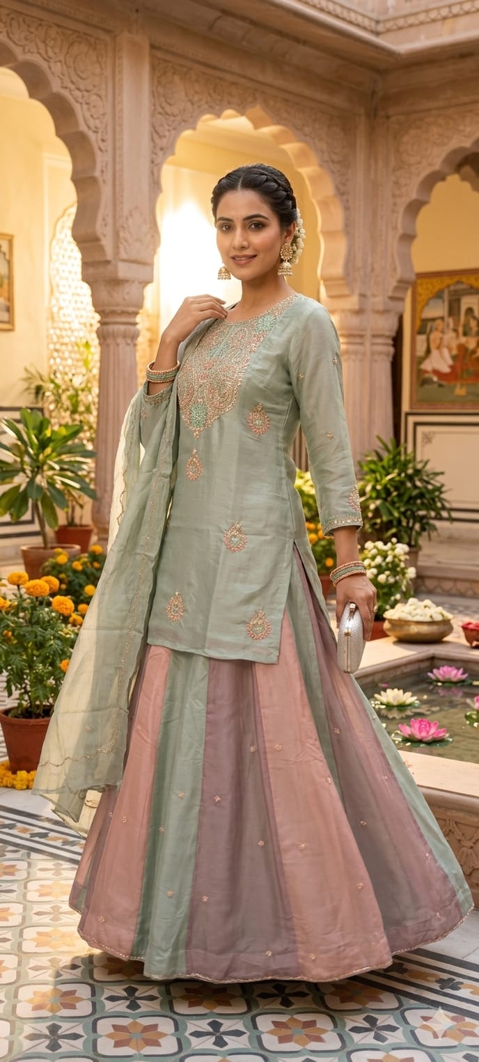 Elegant Pastel Embroidered Kurta Lehenga Set with Dupatta-13781 RB26