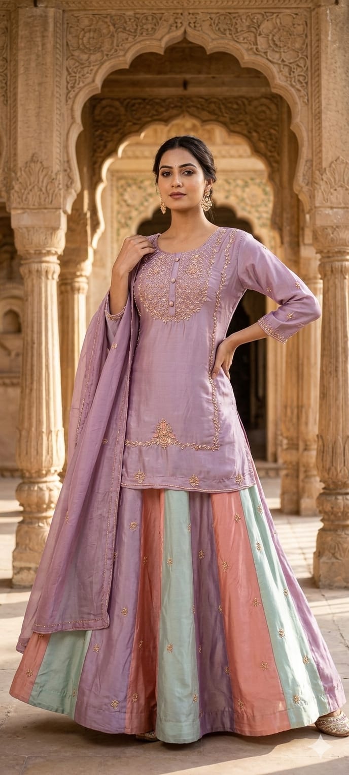 Pastel Embroidered Partywear  Kurta Set with Dual-Tone Skirt & Dupatta -13740 RB28