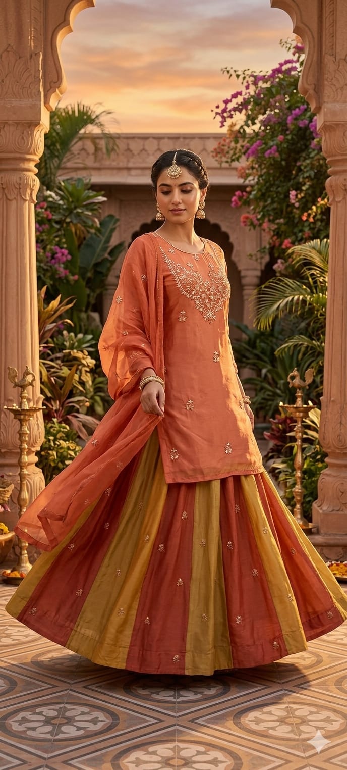 Embroidered Party Wear Kurta Set with Dual-Tone Pannel Skirt  & Dupatta 13741 RB29