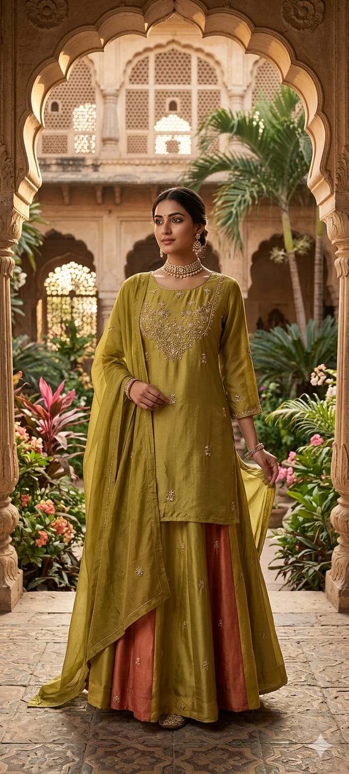 Embroidered Party Wear Kurta Set with Dual-Tone Pannel Skirt  & Dupatta 13741 RB29