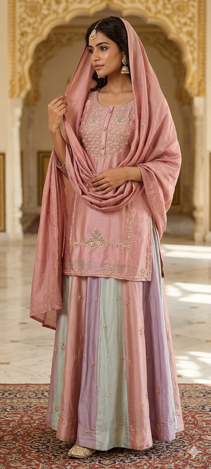 Pastel Embroidered Partywear  Kurta Set with Dual-Tone Skirt & Dupatta -13740 RB28
