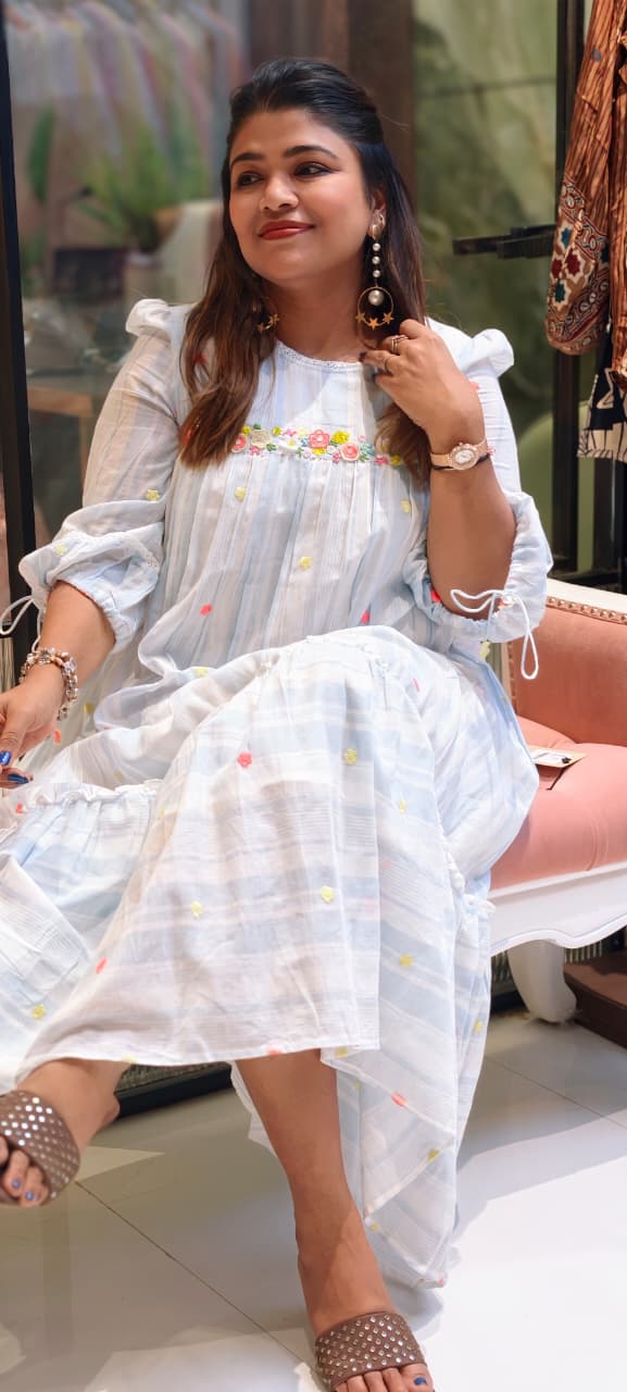 Pastel Blue Mul Cotton Embroidered Midi Dress with Soft Gathered Flare
