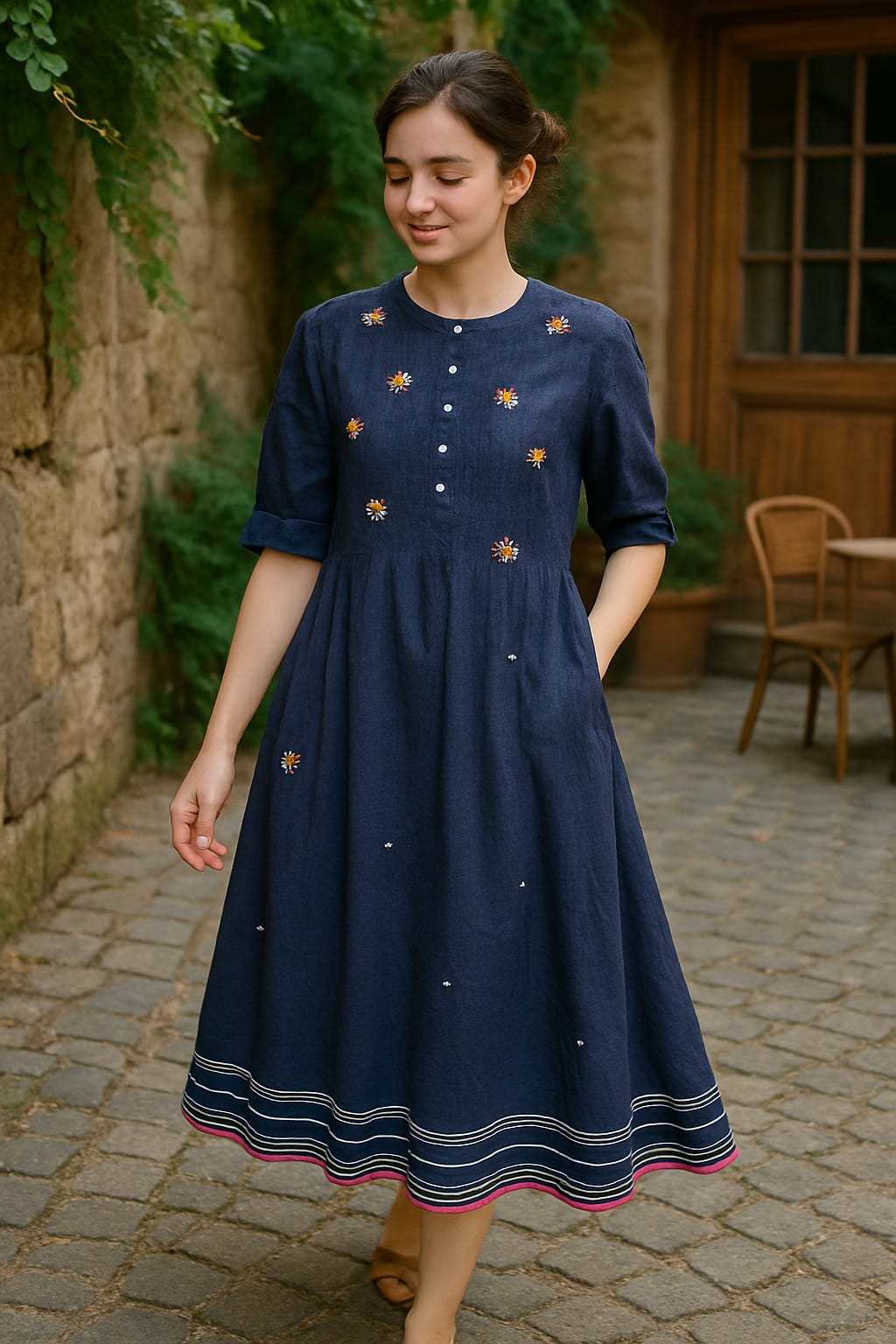 Elegant Floral Embroidered Mul Cotton A-Line Midi Dress with Button Detail 14055 RB52