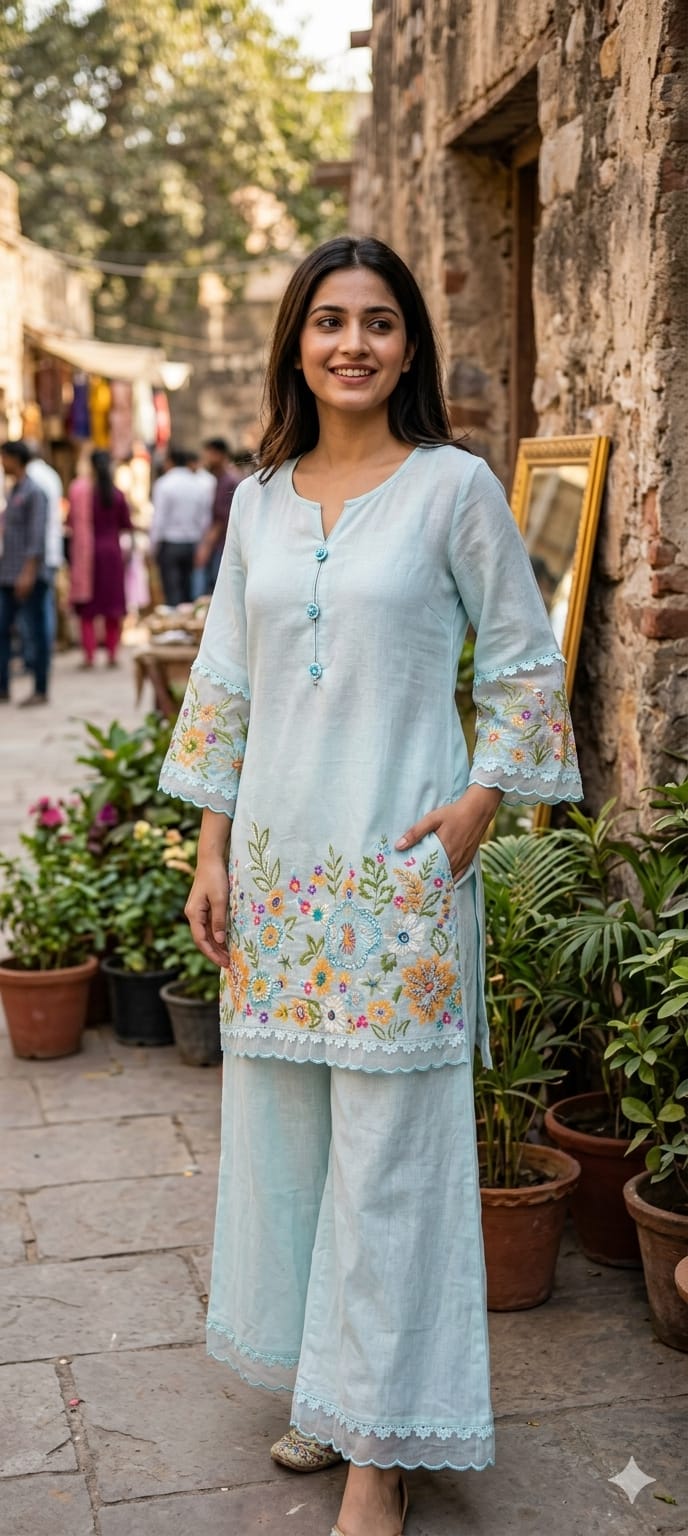 Elegant Mul Chanderi Kurta Set with Intricate Multicolor Floral Embroidery Cords Set 14067 RB66