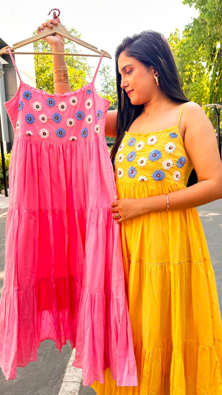 Floral Embroidered Tiered Mul Cotton Midi Dress with Spaghetti Straps 14043 RB53