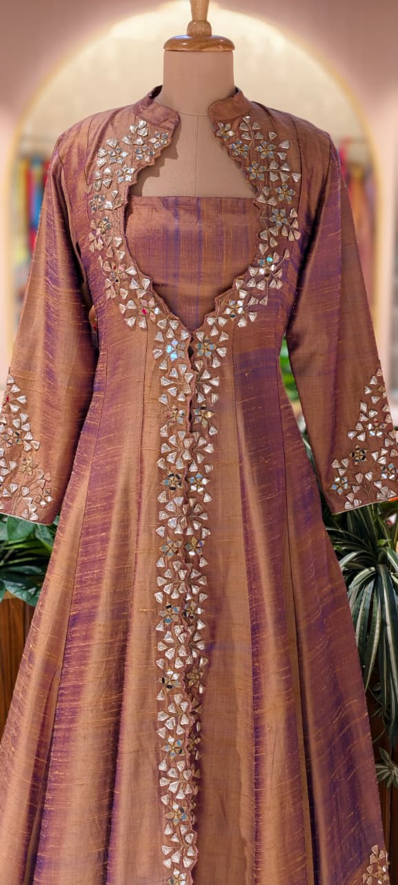 Very Classy Butter Shine Luxe Real Mirror & Gotta Hand Work Embroidery Anarkali Look Jacket With Crop Top & Skirt In Silk Fabric RB86