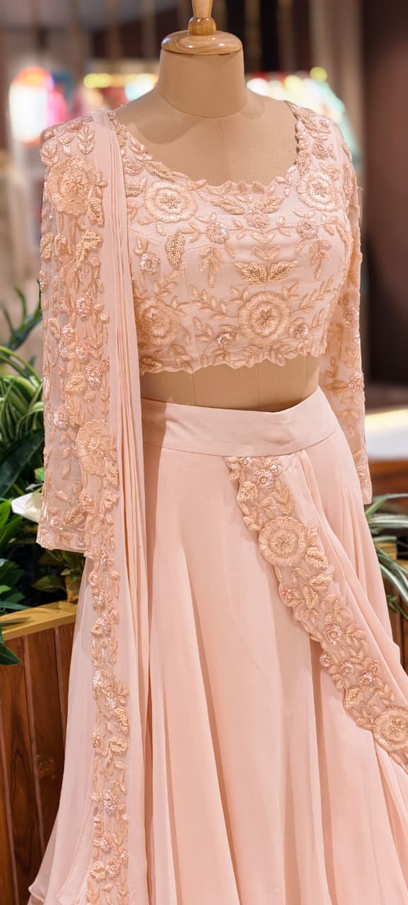 Exclusive Ruffle Lehenga Outfit with Designer Floral Embellished Blouse and Beautifully Hand Worked Drape Dress-12609 RB70