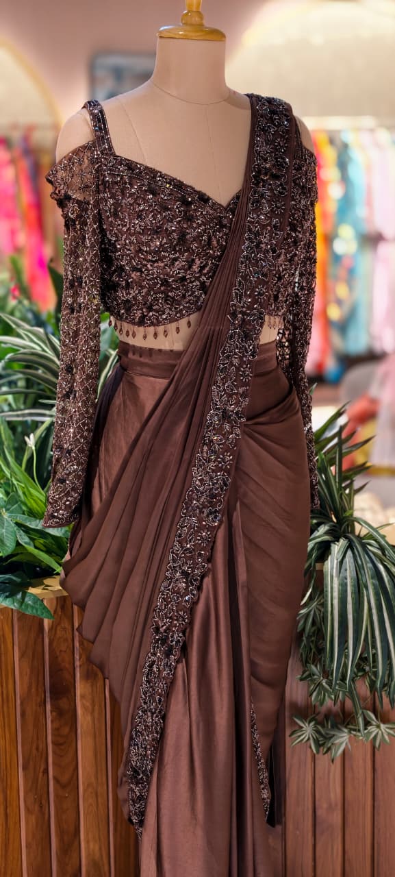 Designer Chocolate Brown Embellished Drape Saree Set with Handworked Sequin Sheer Blouse 14096 RB77