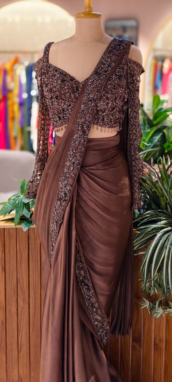 Designer Chocolate Brown Embellished Drape Saree Set with Handworked Sequin Sheer Blouse 14096 RB77