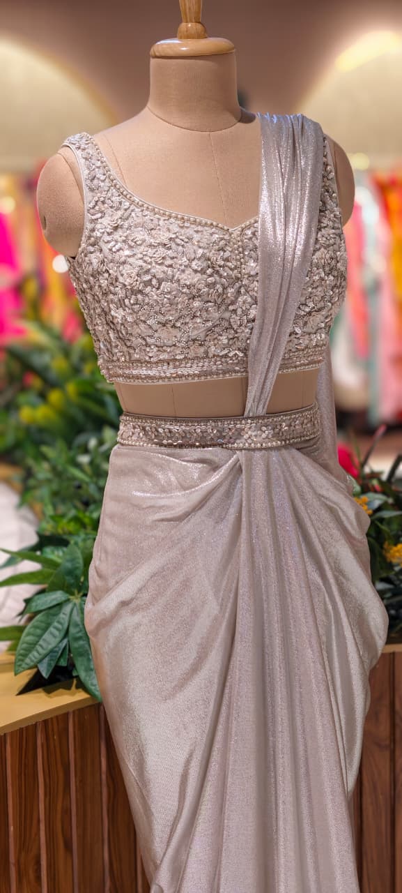 Luxury Gillter Ivory Drape Saree with Handworked Sequin Blouse & Attached Pallu 14098  RB76