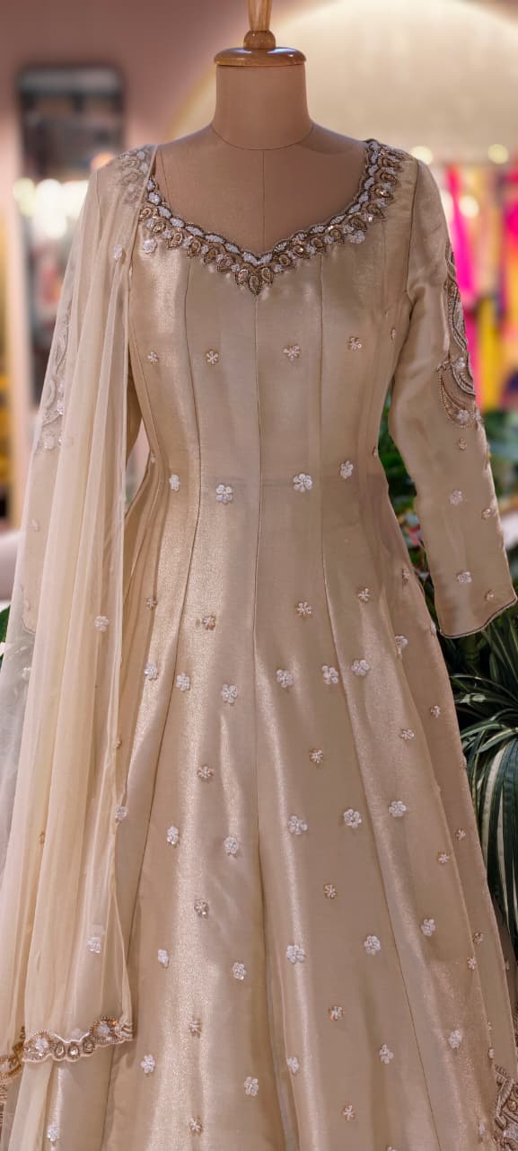 Beige Embroidered Kurta Subtle Shimmer Tissue Top Flare Skirt  & Dupatta RB78